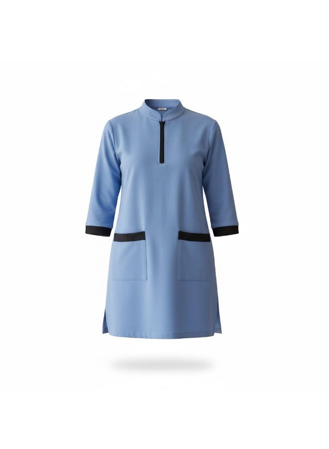Dee's Fashion Women's Housemaid Uniform Set with Tunic Top and Matching Trousers, Quarter Sleeve, Mandarin Collar with Half Zip, Contrast Trim Pockets - Image 3